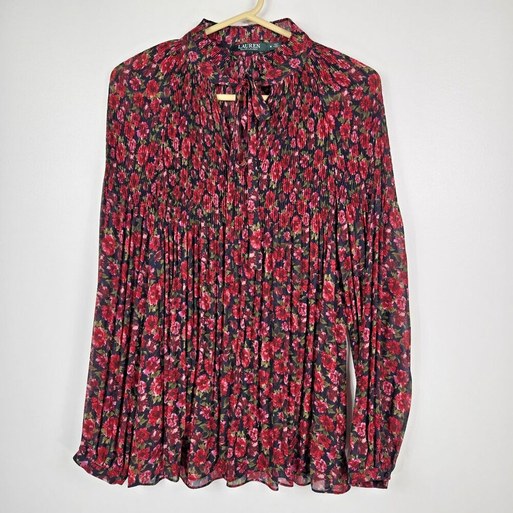 Lauren Ralph Lauren Women's Medium Red Floral Pleated Neck Tie Blouse